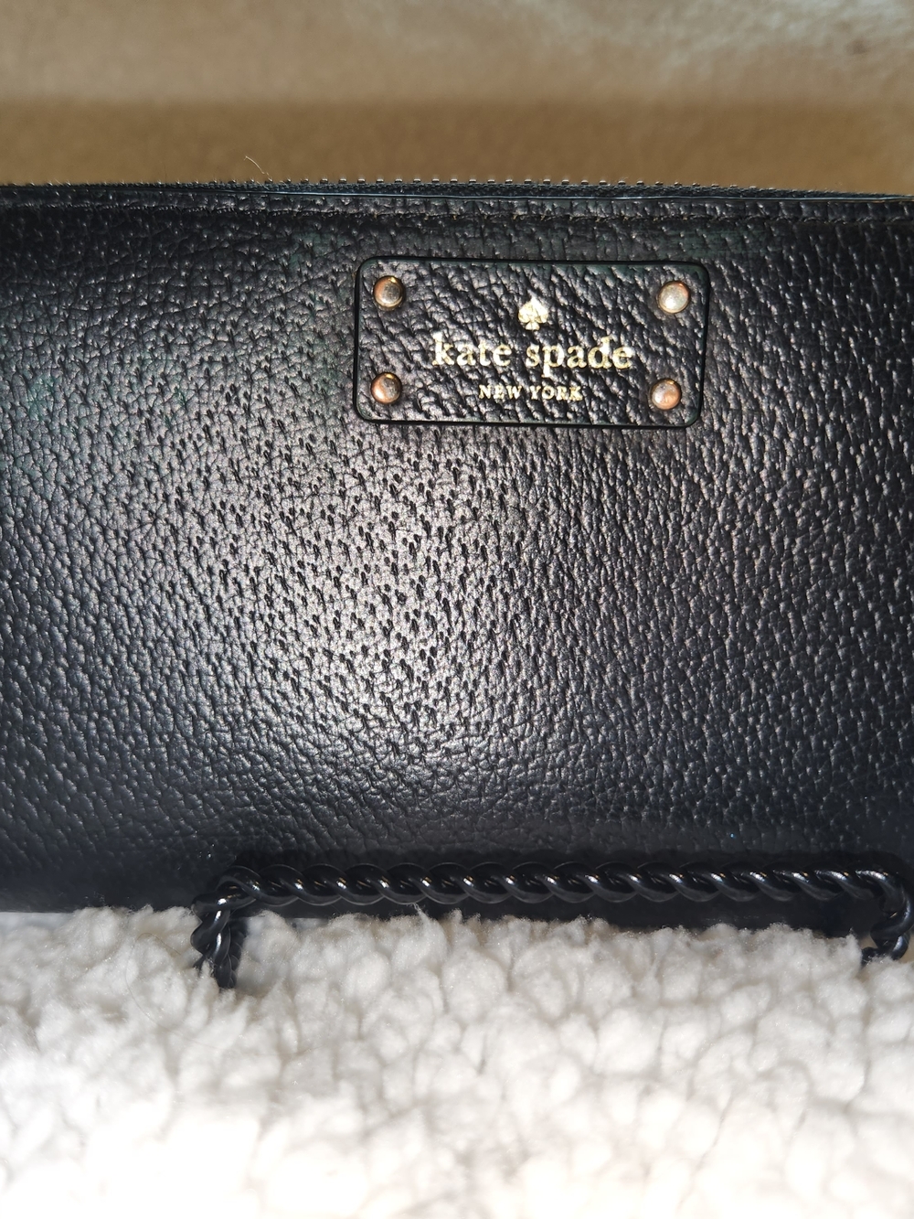 kate spade Black Pebbled Leather Wristlet Clutch with Gold Logo